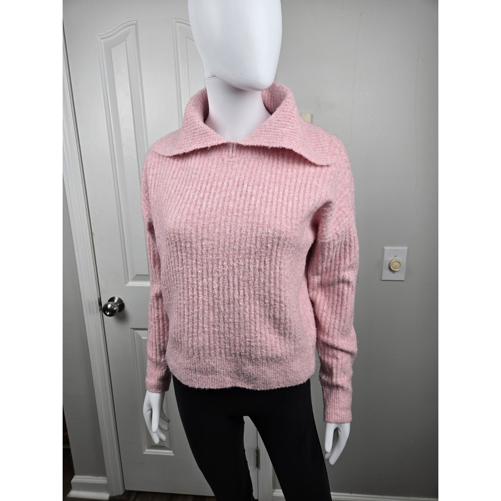 Lilla P Easy Split Collar Sweater Pink Preppy textured ribbed knit wool blend XS